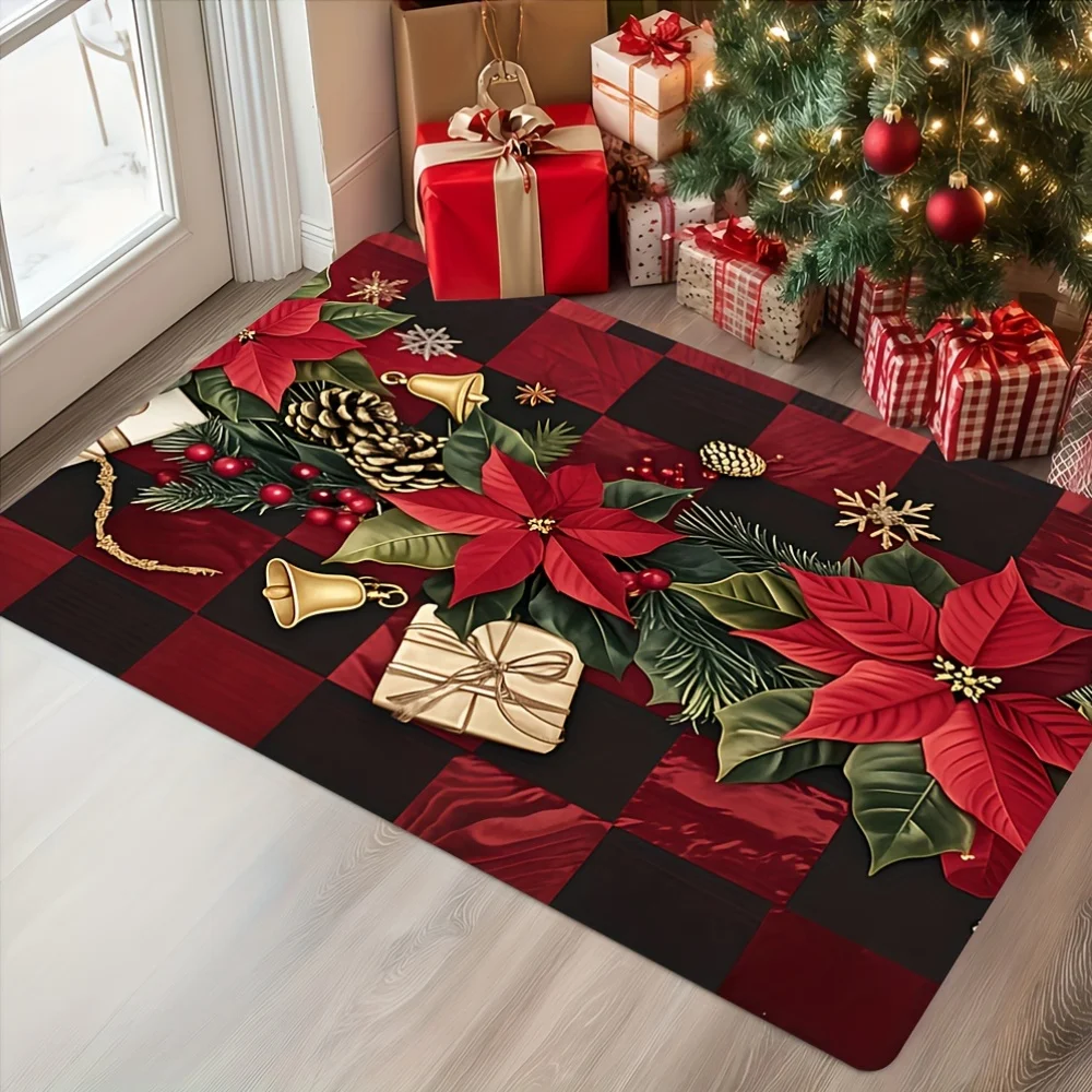 Vintage Poinsettia Doormat Golden Bell Welcome Rug Christmas Wreath Area Rug Floor Mat Kitchen Porch Entryway Floor Mat