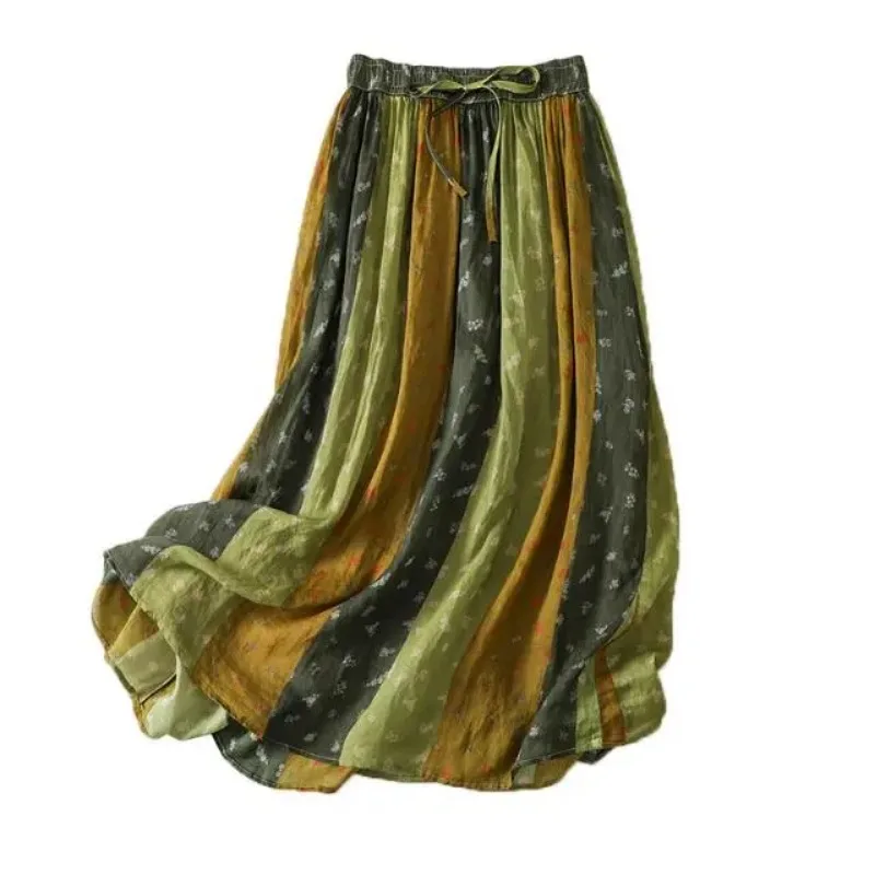 Women's Vintage Floral Striped Color Block Linen Skirt Casual A-line Long Midi Skirt