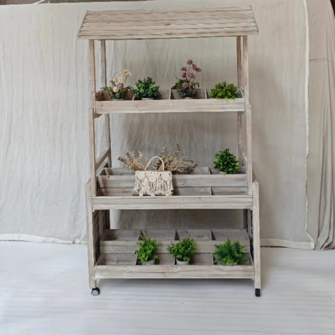 Stall Retro Solid Wood Float Flower Rack Flower Shop Decorative Display Rack Multi-functional Retro Cart