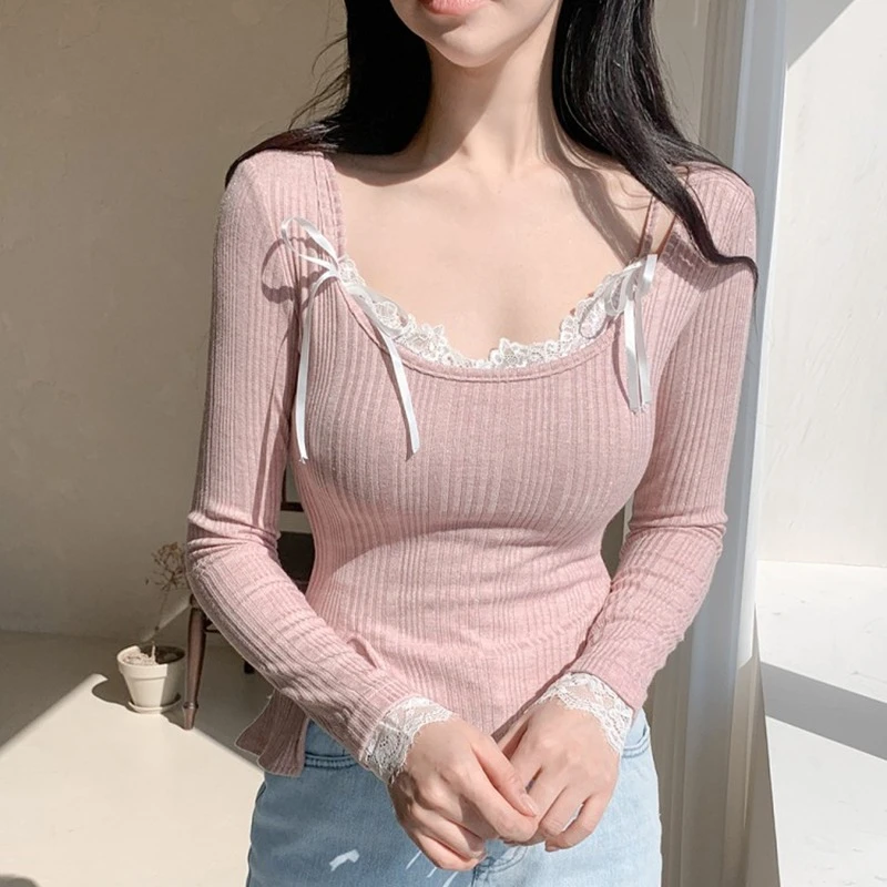 2026 Spring Summer New Arrival Temperament Figure flattering Lace Bow Tank Top+Slit Long Sleeved T-shirt Women Two-piece Set