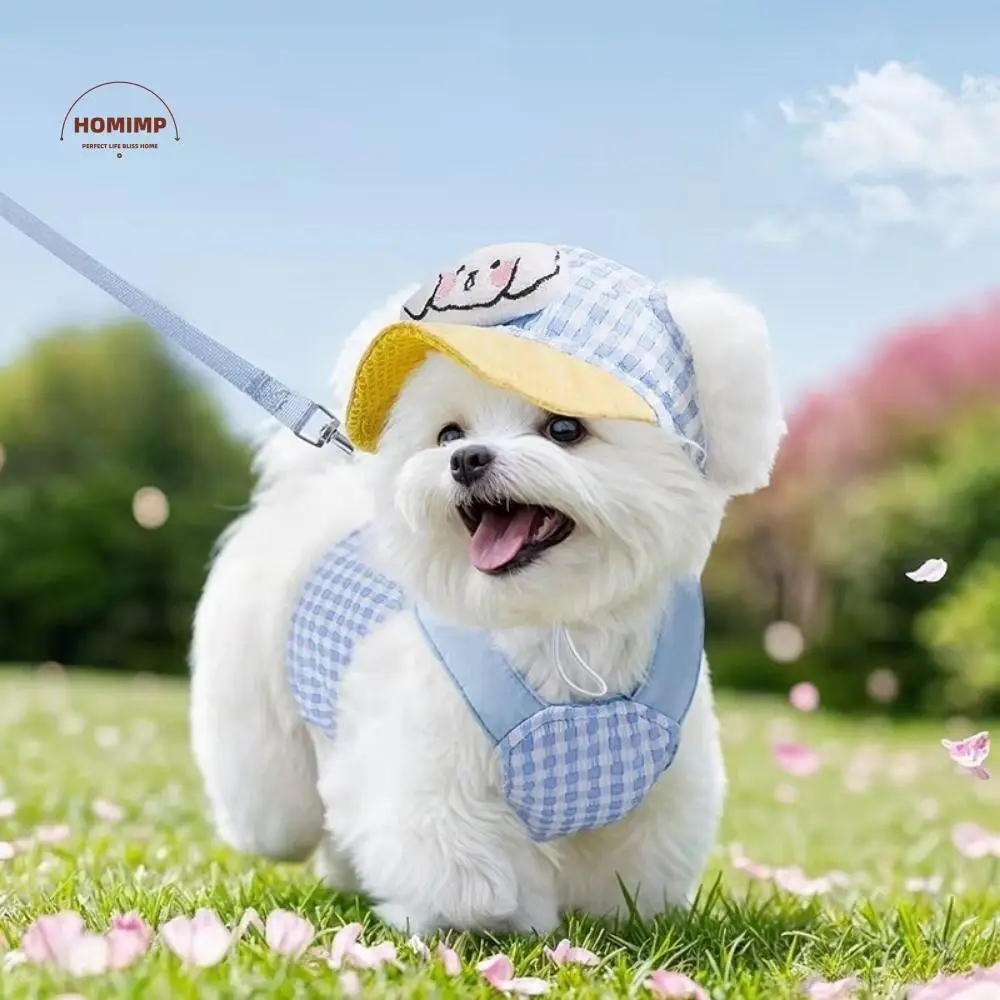 

Adjustable Dog Harness Set Soft with Traction Rope Pet Traction Set Plaid Pattern with Hat Dog Vest Harness Pet Outing
