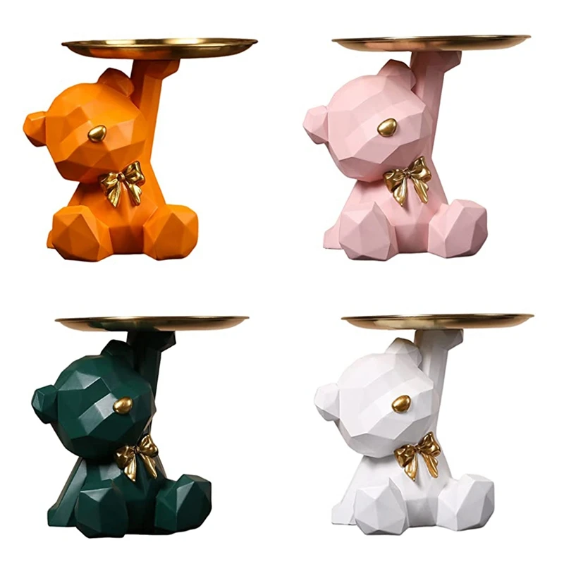 Storage Tray Statue Key Holder Figurine, Jewelry Earrings Lipsticks Tray, Bear Statues With Dish, Sculptures Key Bowl Durable -A