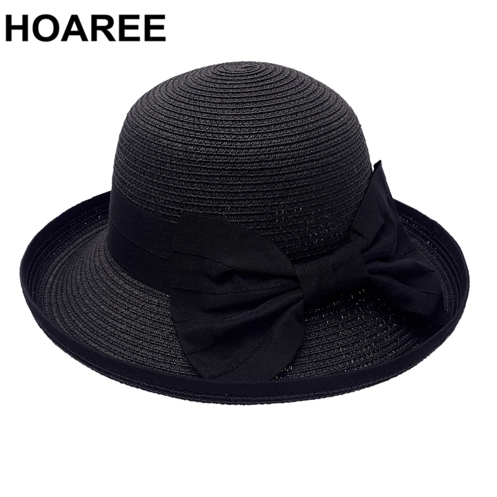 HOAREE British Style Summer Straw Hat Womens Sun Hat Bowknot White Black Pink Navy Beige Elegant Ladies Fedora