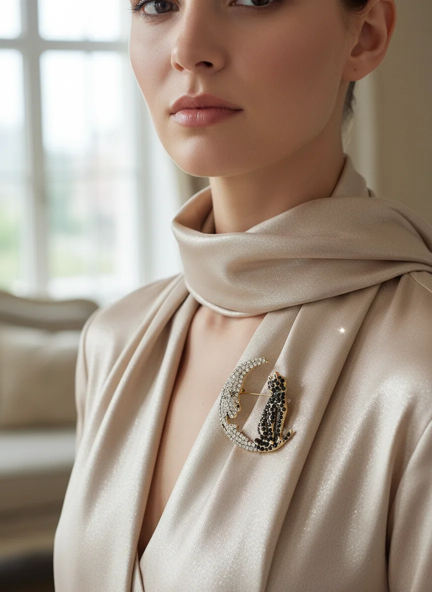 Full Crystal Paved Moon And Cat Back Combo Design Lapel Pins Vintage Women Girls Dress Kitten Rhinestone Brooches Corsage