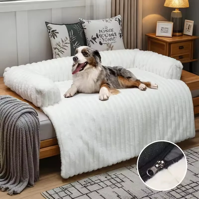 

Faux Fu Striped Rabbit Fur Pet Bed with Attached Pillow Plush Dog Cat Mat for Cozy Sleeping