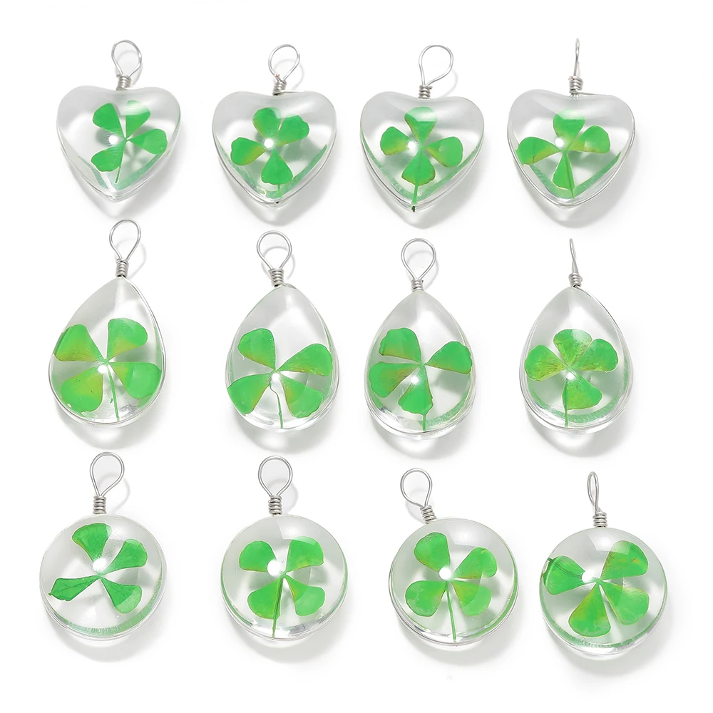 5pcs Green Lucky Four Leaf Clover Pendant Handmade Glass Dry Flower Four Leaf Clover Ornament DIY Necklace Craft Jewelry Making