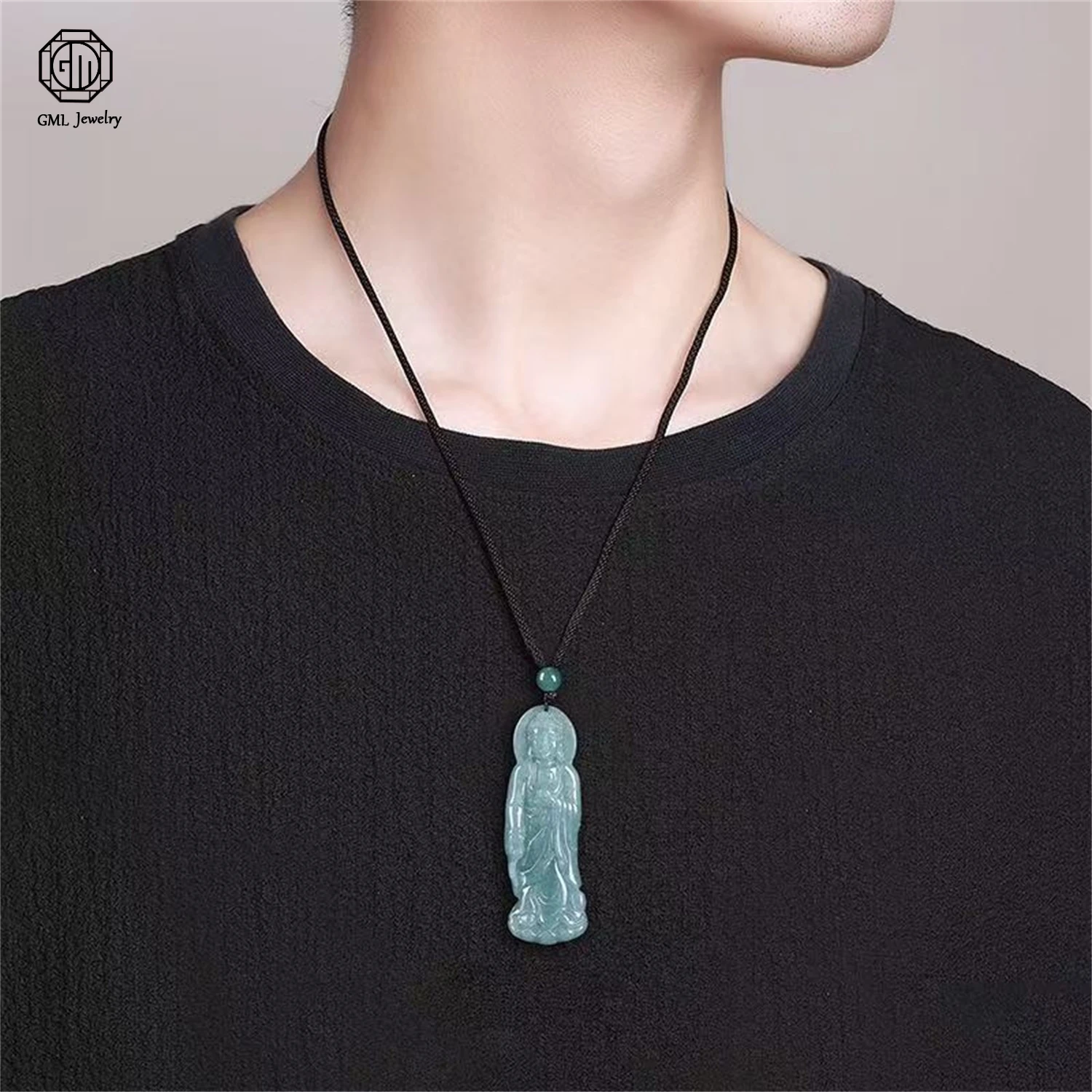 

Natural Grade A Jadeite Blue Water Amitabha Standing Buddha Guanyin Pendant Ice Translucent Unisex Men Women Jewelry Gift