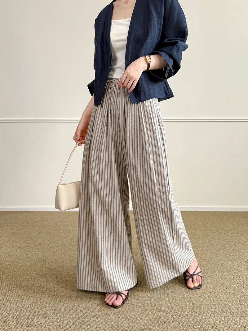 80% Cotton Women Summer Casual Stretch High Waist Long Pants Wide Leg Striped Pants Fashion Women Clothes Trousers