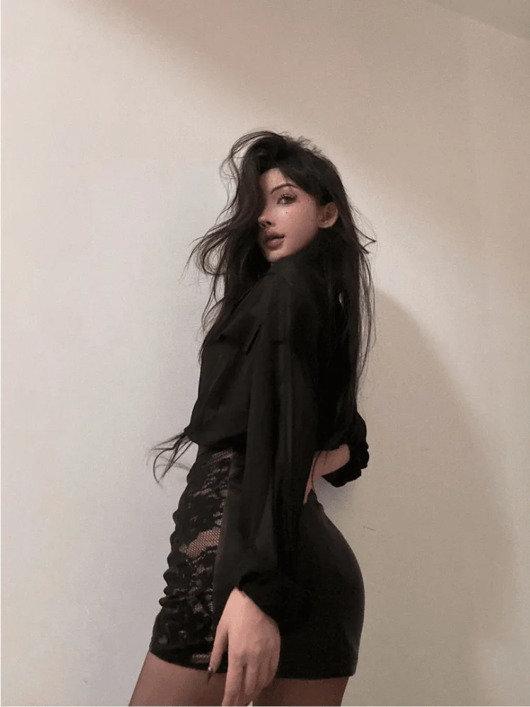 Ele Lace Splice Women's irt And Skirt Set Casual Sle High Waist V-Ne Mid-Sve Comfortable Fabric Faionable Unique