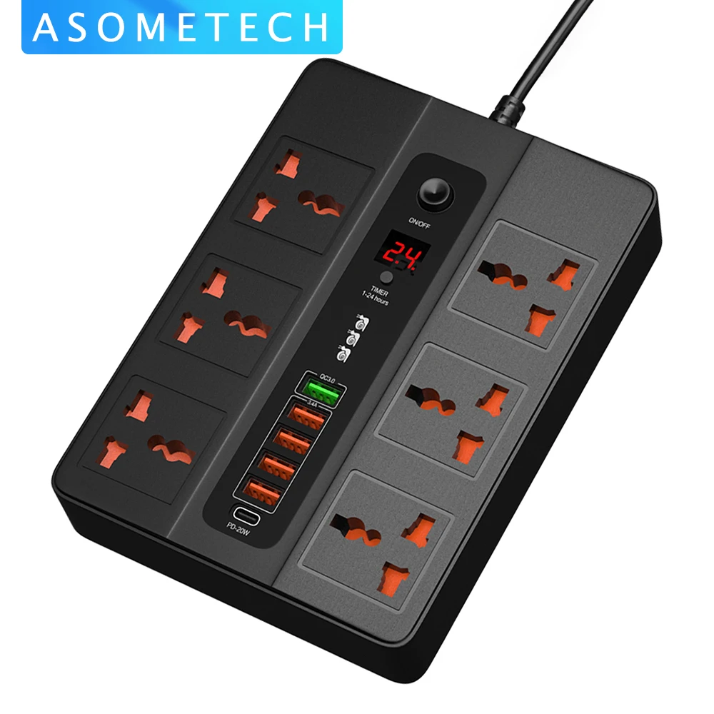 3000W 6 Outlet Power Strip Surge Protector Multiprise Smart Home 2 Meter Extension Electrical Socket with PD3.0 QC3.0 6 USB Port