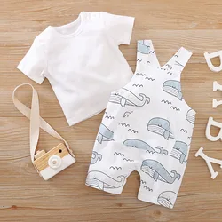 Newborn Clothing Cute Cartoon Whale Cotton Comfortable SummerBoys And Girls 0-18 Short Sleeved T-Shirt+Strap Pants Two Piece Set