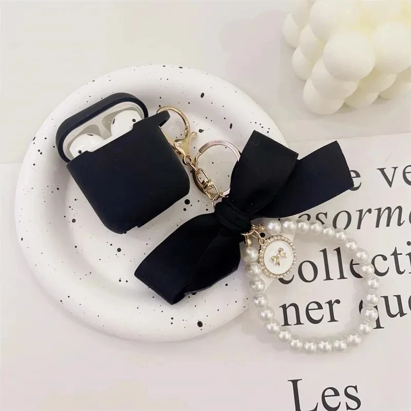 Vintage Bow Pearl Keychain Black Silicone Earphone Case For Apple Airpods 1 2 Pro 3 Bluetooth Headset Cover Sweet Cute