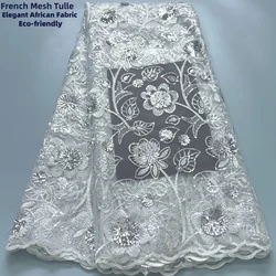 Bordado Branco Malha De Tecido De Renda De Tule Com Lantejoulas, Tecido De Renda Africano, Vestido De Noiva Nigeriana, Alta Qualidade, A3859, 5 Jardas, 2024