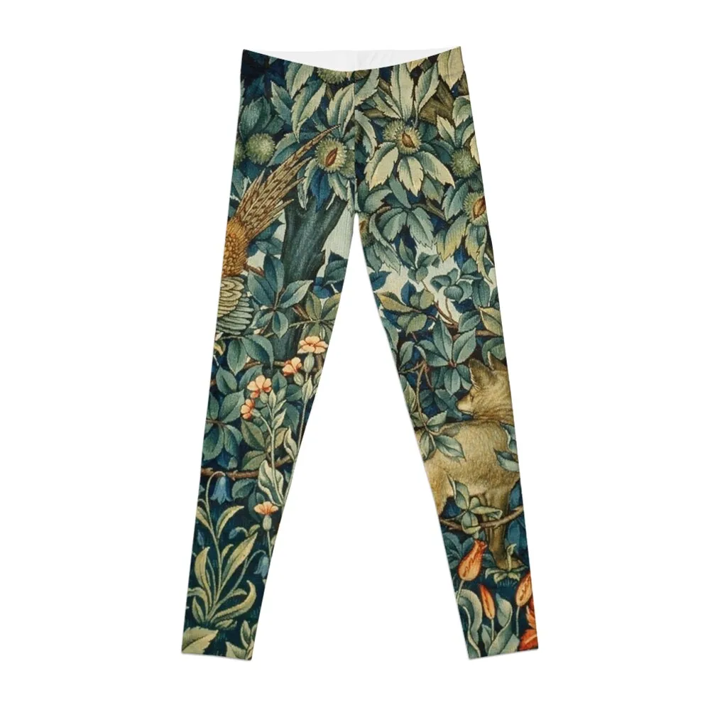 

GREENERY, FOREST ANIMALS Pheasant and Fox Blue Green Floral Tapestry Leggings push up legging Women's high waist leggings