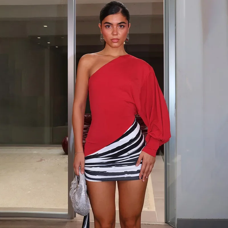 Robe courte à imprimé rayé Y2K, sexy, à une épaule, idéale pour les soirées en club, tenue pour femmes, automne-hiver, robe à manches longues, style streetwear, cadeau.