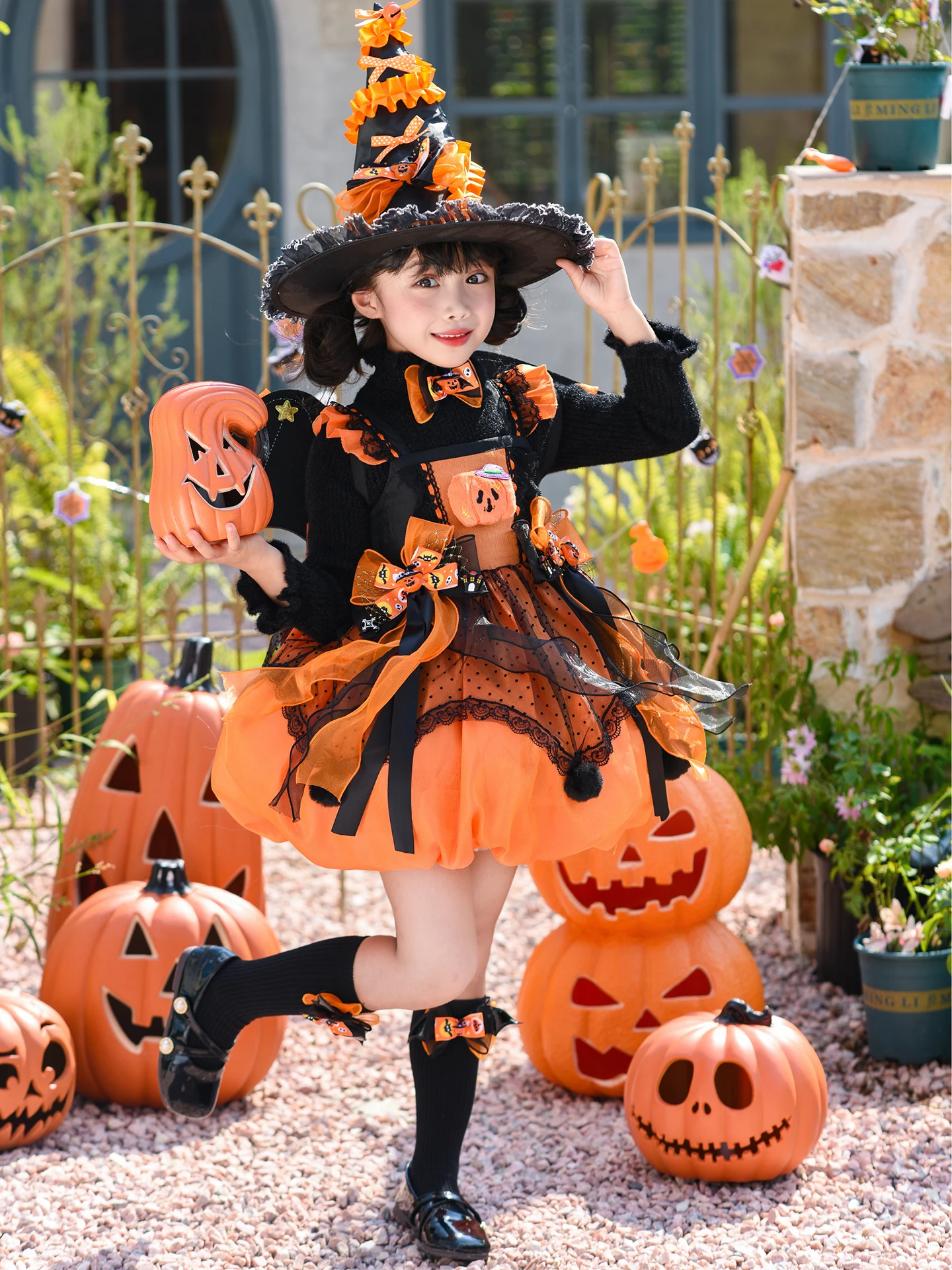 Vestido de Halloween estilo princesa para meninas, fantasia com estampa de abóbora, sem mangas, laranja e preto, adequado par...