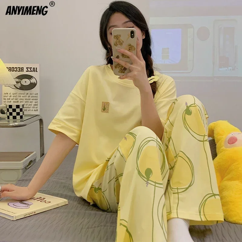 Spring Summer Women Pajamas Soft Cotton Cute Rabbit Print Pijamas Short Sleeved Plaid Pants Sleepwear Fashion Home Wear image 6
