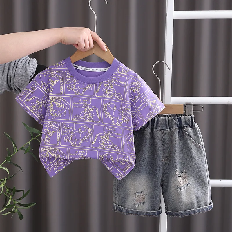 

Korean Kids Boutique Boys Suit Set 2025 Summer Baby Boy Clothes 1-5T Fashion Dinosaur Short Sleeve T-shirts and Shorts Outfits