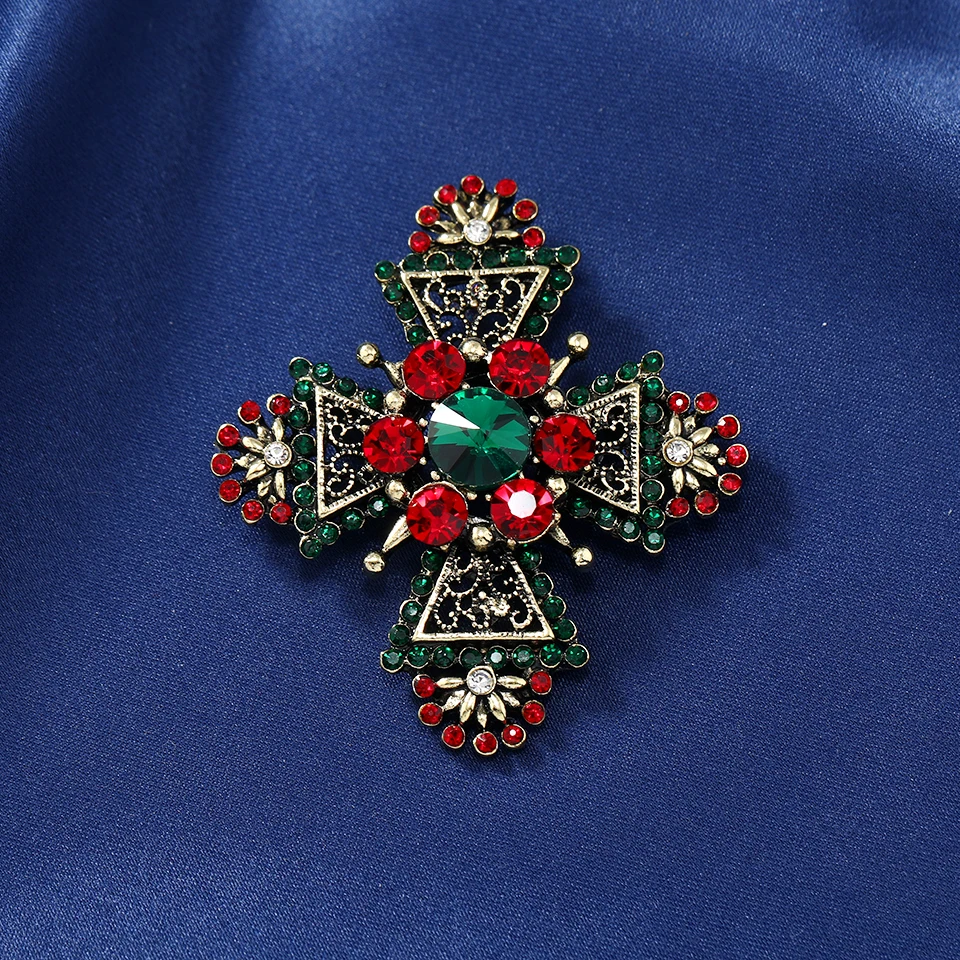 muylinda Baroque Cross Brooch Pin Metal Big Red Rhinestone Brooches For Women Vintage Pins Clothes Scarf Clip Jewelry