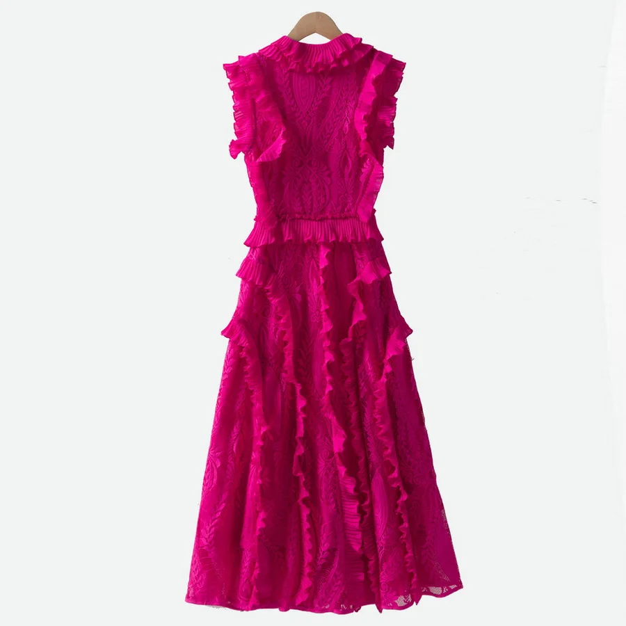 Verano 2025, nuevos estilos de ropa de mujer europea y americana, encaje sin mangas con volantes, vestido plisado de moda XXL