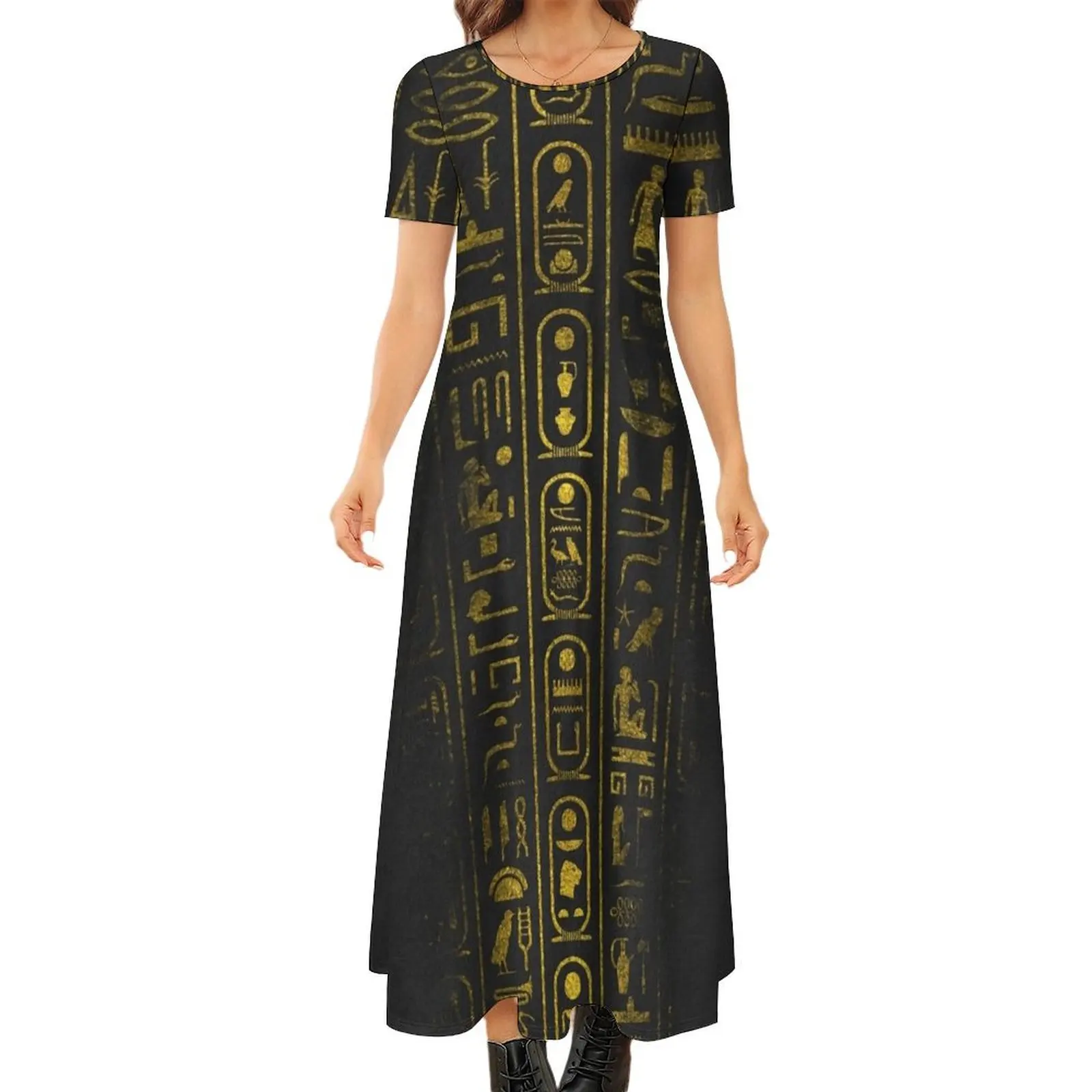 

Grunge Egyptian Gold hieroglyphs on black paper Round Neck Short Sleeve Dress women"s evening dresses 2024 Women"s long dress