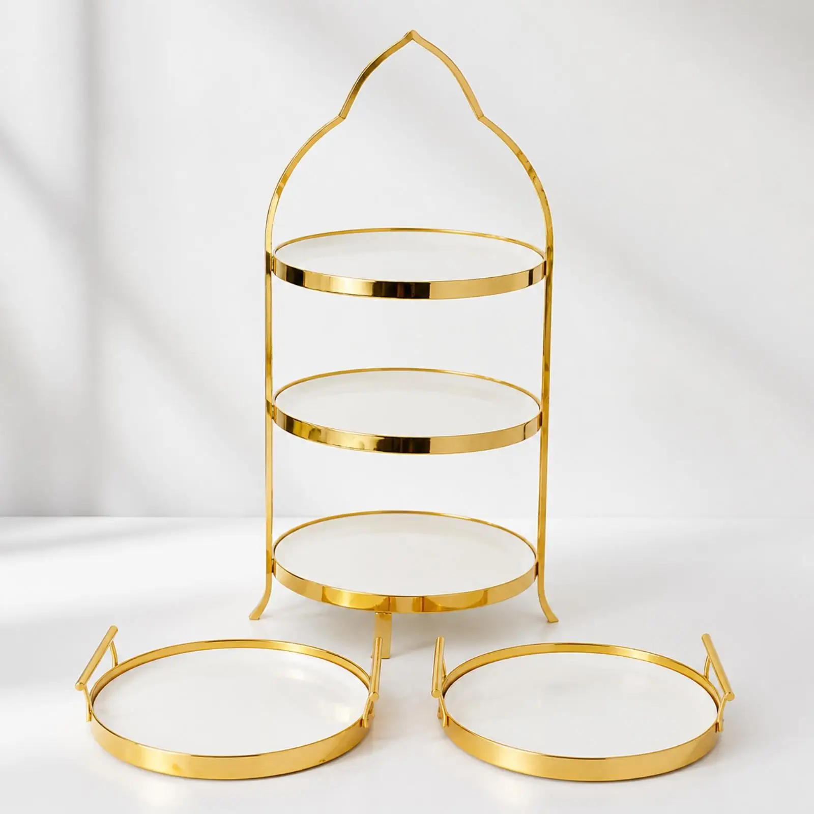 Decorative Ceramic Pastry Stand with Gold Handles for Serving Cakes at Celebrations