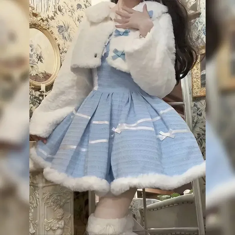 Noël automne hiver Lolita bleu robe élégante 2 pièces ensemble nœud daim manteau court mignon Mini jupe ensemble femmes décontracté polyvalent