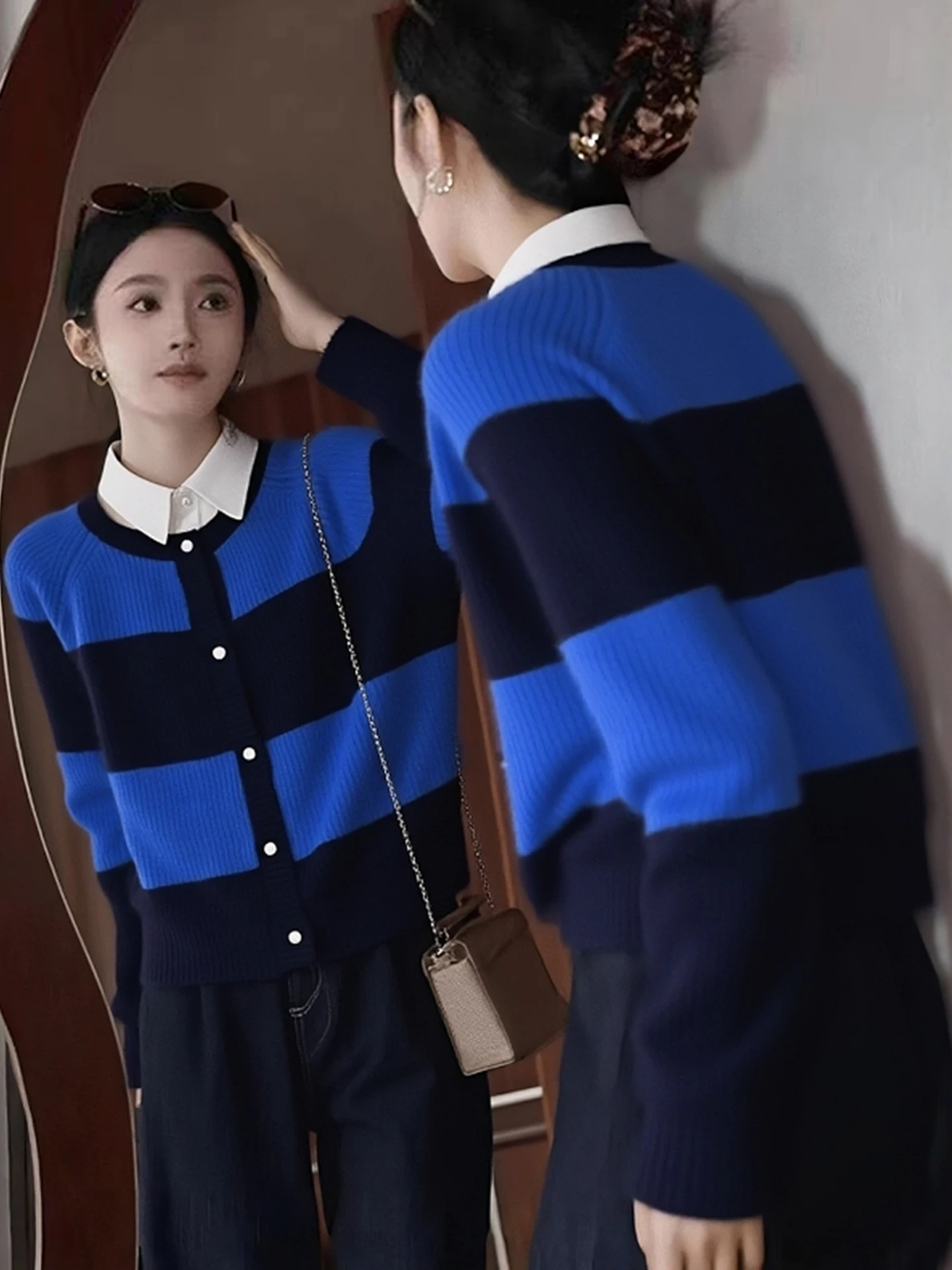 

Winter Faion Long Sve Knitted Cardigan Color Blo Striped Design Camere Top Single Button Versatile Commute Sle