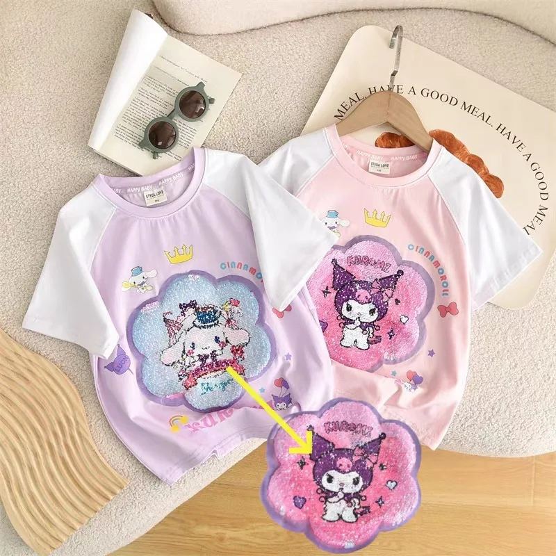 

Kids Cinnamoroll Kuromi Cartoon T-Shirt Sequin Pattern Changeable Anime Shirt Summer Princess Girls Sequin Short Sleeve Tops