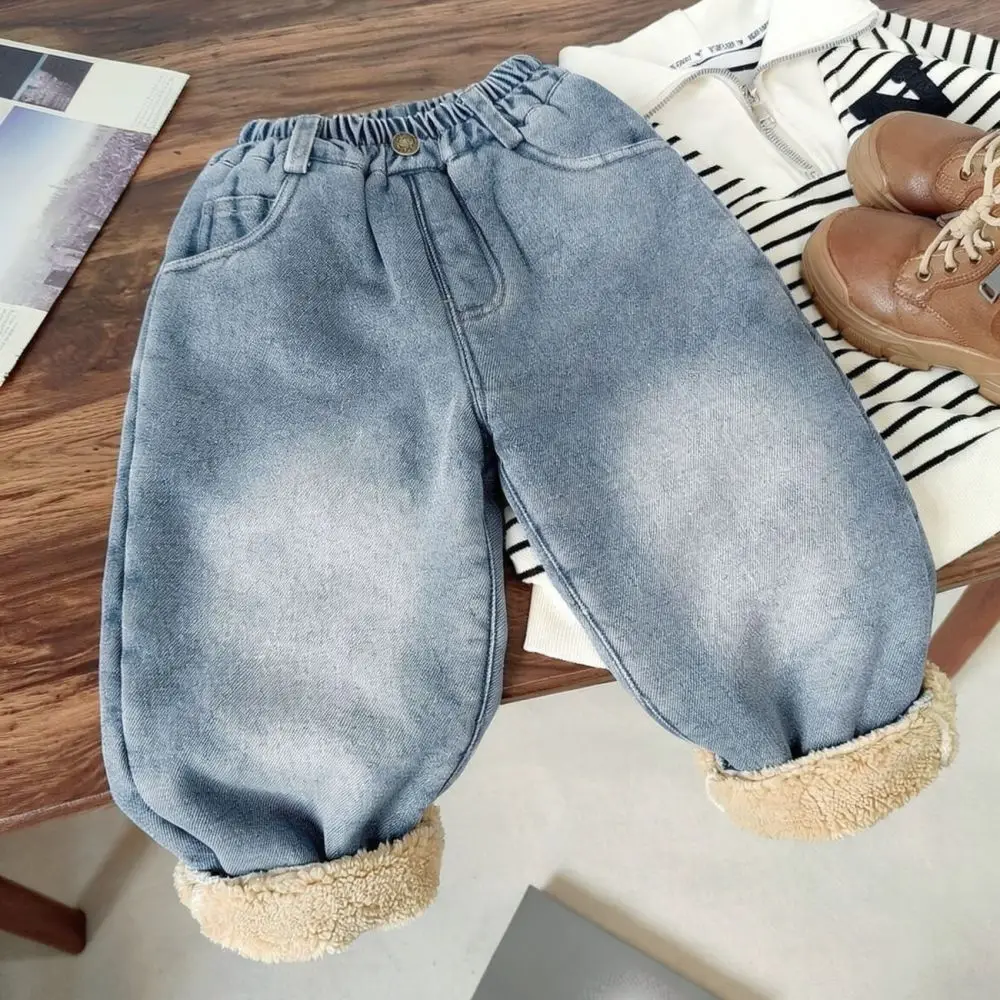 Boys Girls Winter Jeans Lamb Fleece Lined Thick Pants Kids Casual Warm Denim Trousers Comfortable Soft Elastic Waist Wear