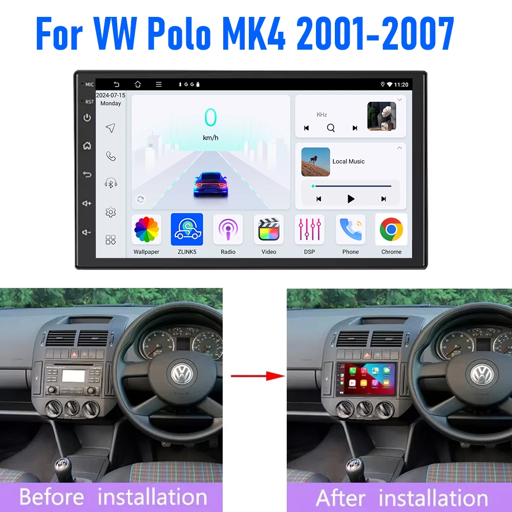 

2 DIN Android 15 Car Stereo for VW Polo MK4 2001-2007 7 Inch Touchscreen Apple CarPlay GPS Navigation Head Unit