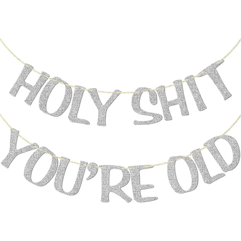 Holy Shit You're Old Banner Gold Glitter 30th 40th 50h 60th 70th 80th 90th Fun Birthday banner Logo Bunting party decoration