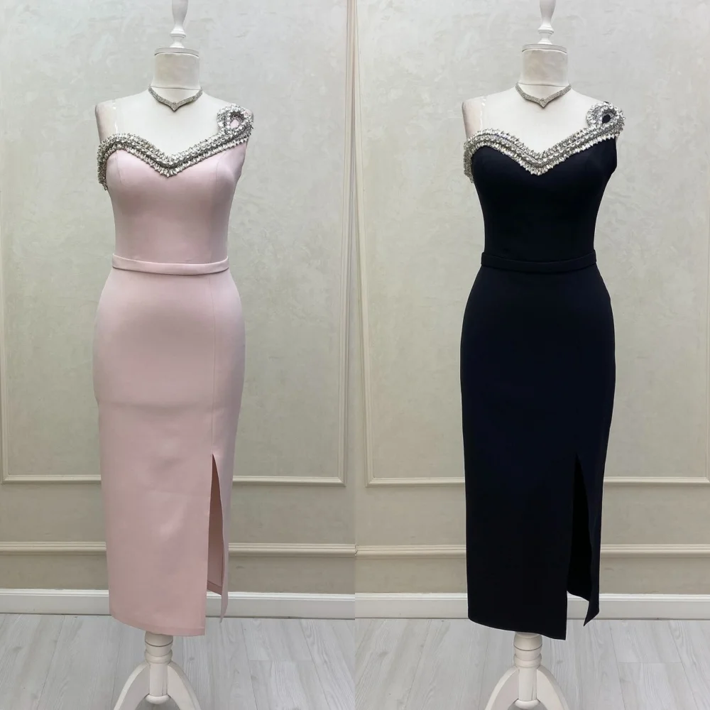 

Customized Elegant Jersey Sequined Straight Strapless Midi Dresses Bespoke Occasion Fashion Modern Style