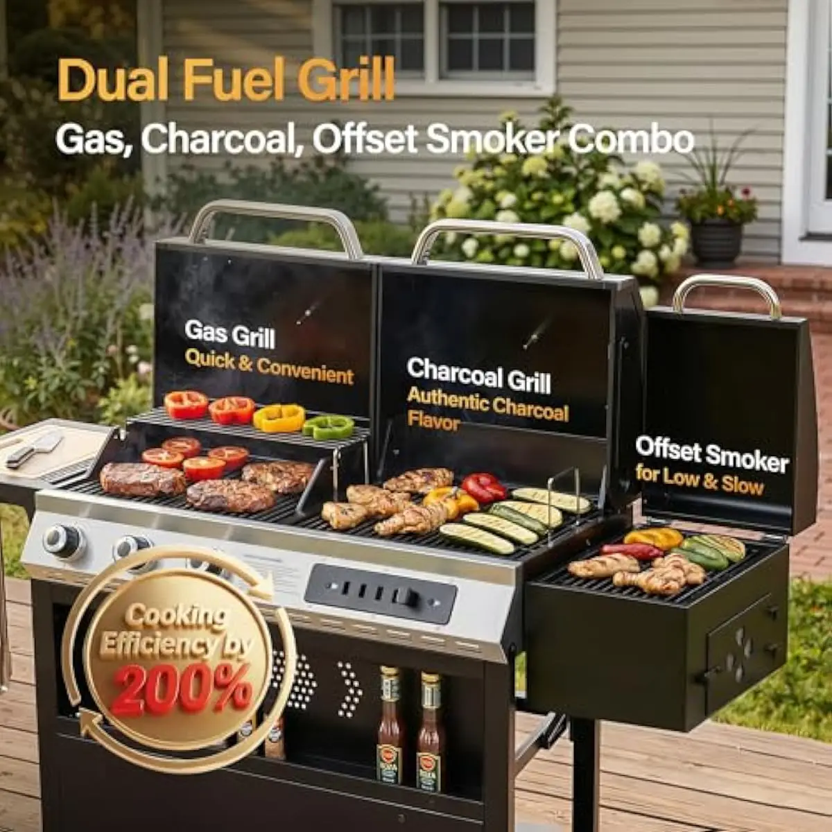 3-in-1 Dual-Fuel Grill System Featuring Gas Burners Charcoal Chamber and Integrated Offset Smoker for Versatile Outdoor Cooking