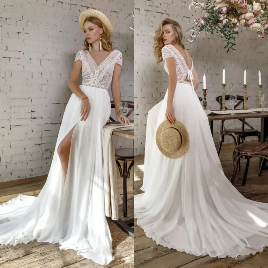 Elegante Prinzessin Strand Garten rücken frei Hochzeits kleid V-Ausschnitt rücken frei Split Brautkleid Böhmen eine Linie fegen Zug Robe