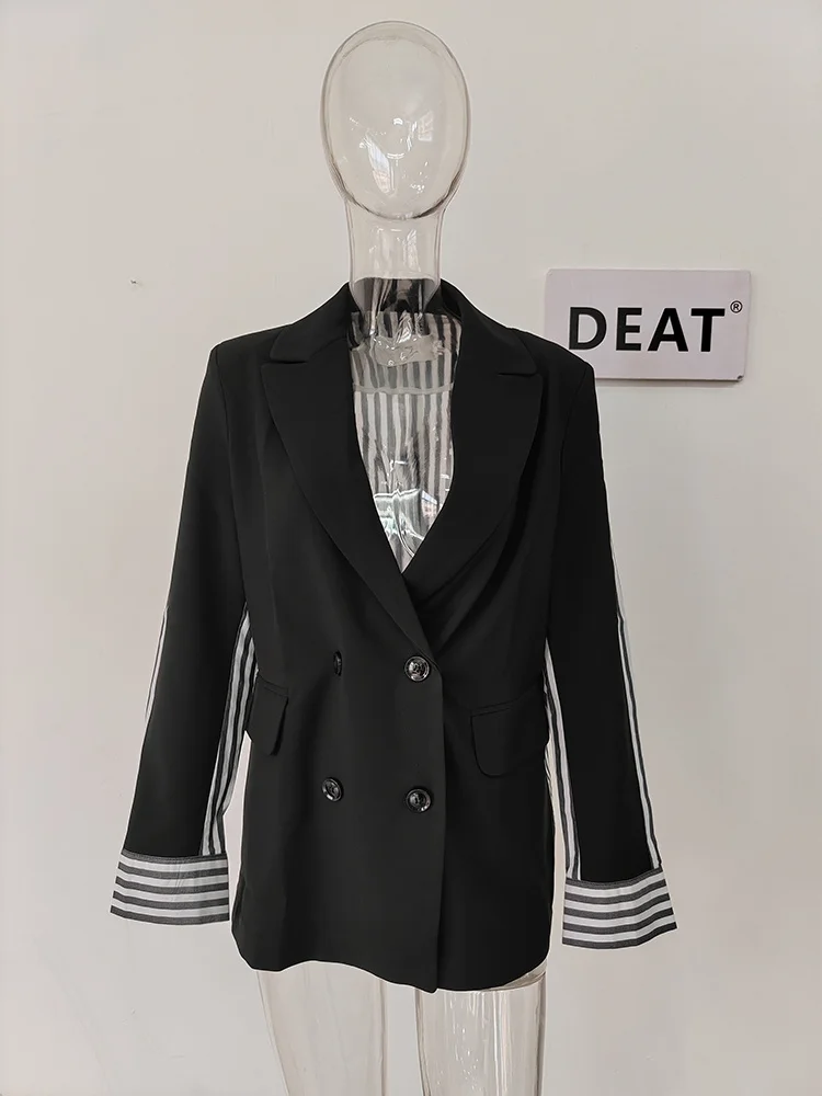 DEAT Fashion Women\'s Blazer New Notched Loose Double Breasted Spliced Striped Long Suit jackets Female Autumn 2024 17A206H