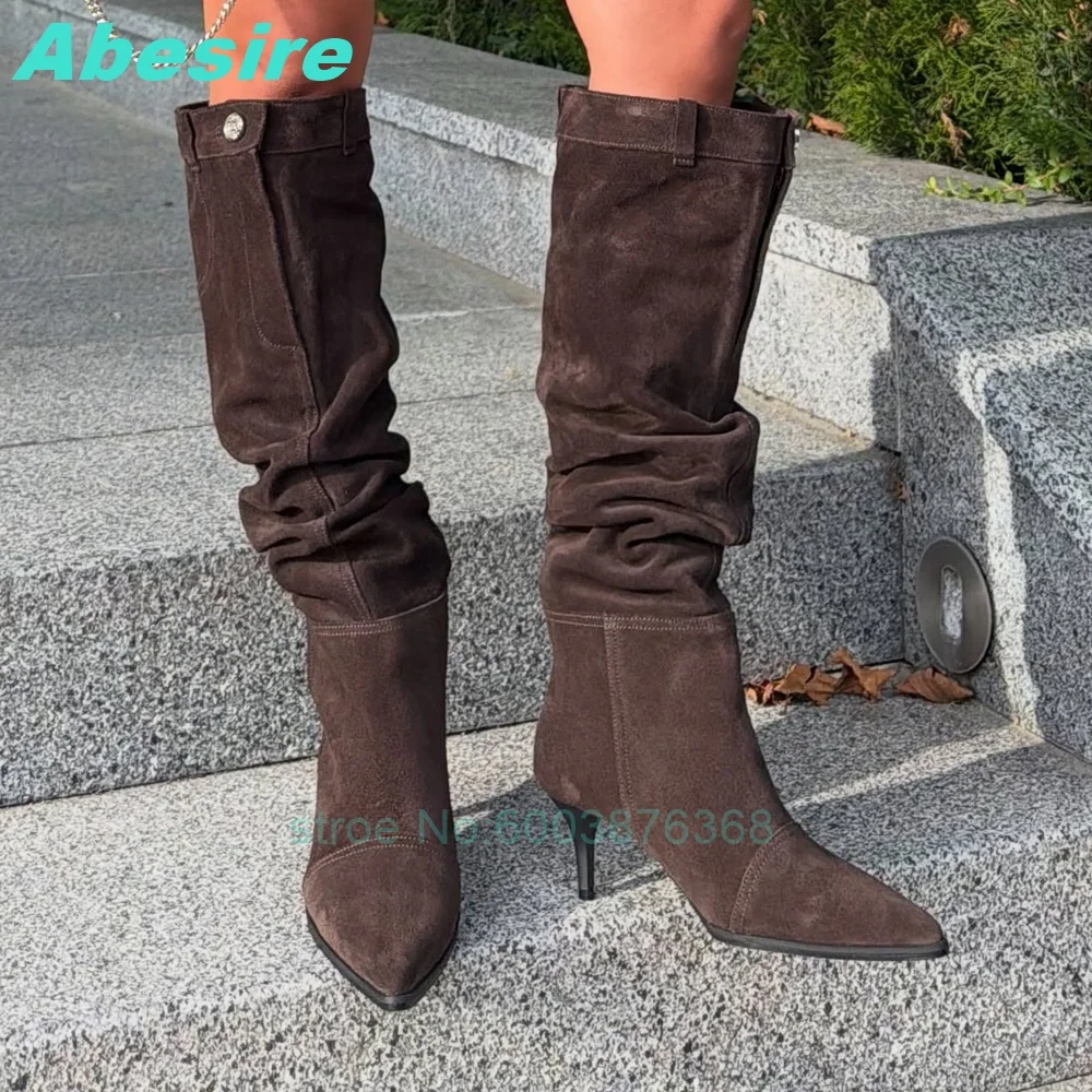 Beige Faux Suede Slouchy Knee High Boots Pointed Toe Thin Heel Zipper Women's Boots Buckle Pocket Autumn Winter Fashion Shoes