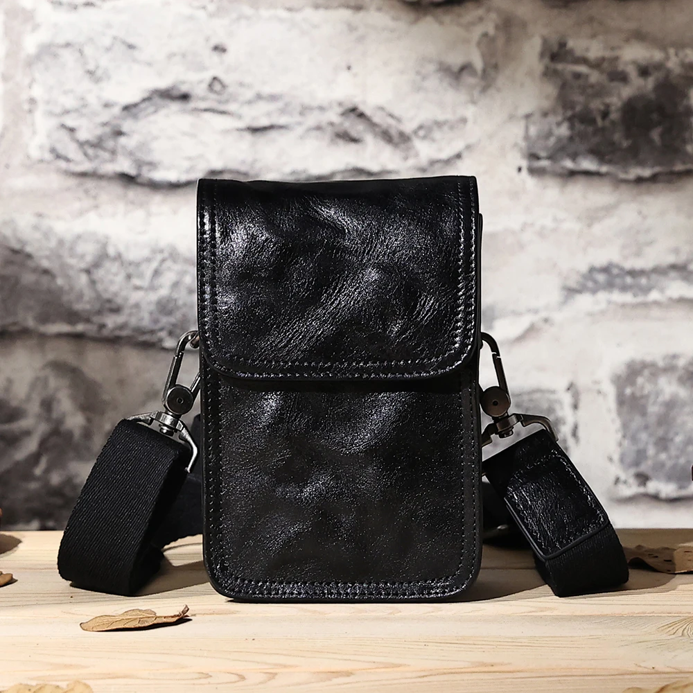 Riñonera de cuero genuino negro, bolso para teléfono móvil para hombre, cinturón para deportes al aire libre, Bolso pequeño de un hombro, bolsos cruzados de moda