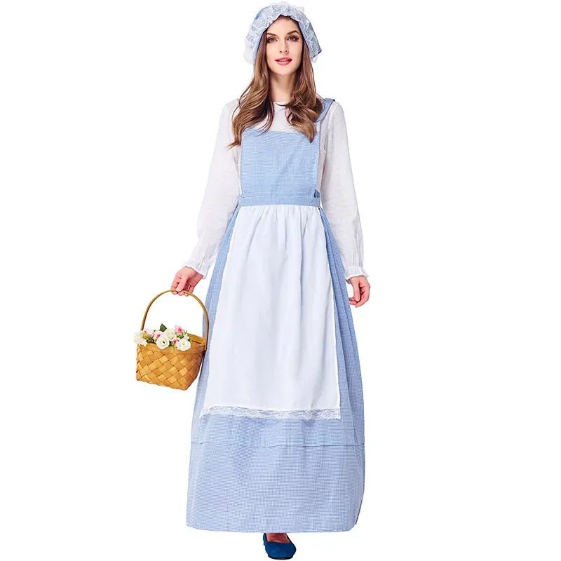 

Womens Maid Costume Cosplay Dress Pastoral Style Blue Lattice Farm Dress Party Stage Performance Costume Photo Suit