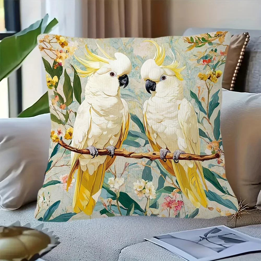 2D flat- Vintage Tropical Cockatoo Floral Throw Pillow Cover Decorative Square Cushion Case for Home Living Room Bedroom Sofa