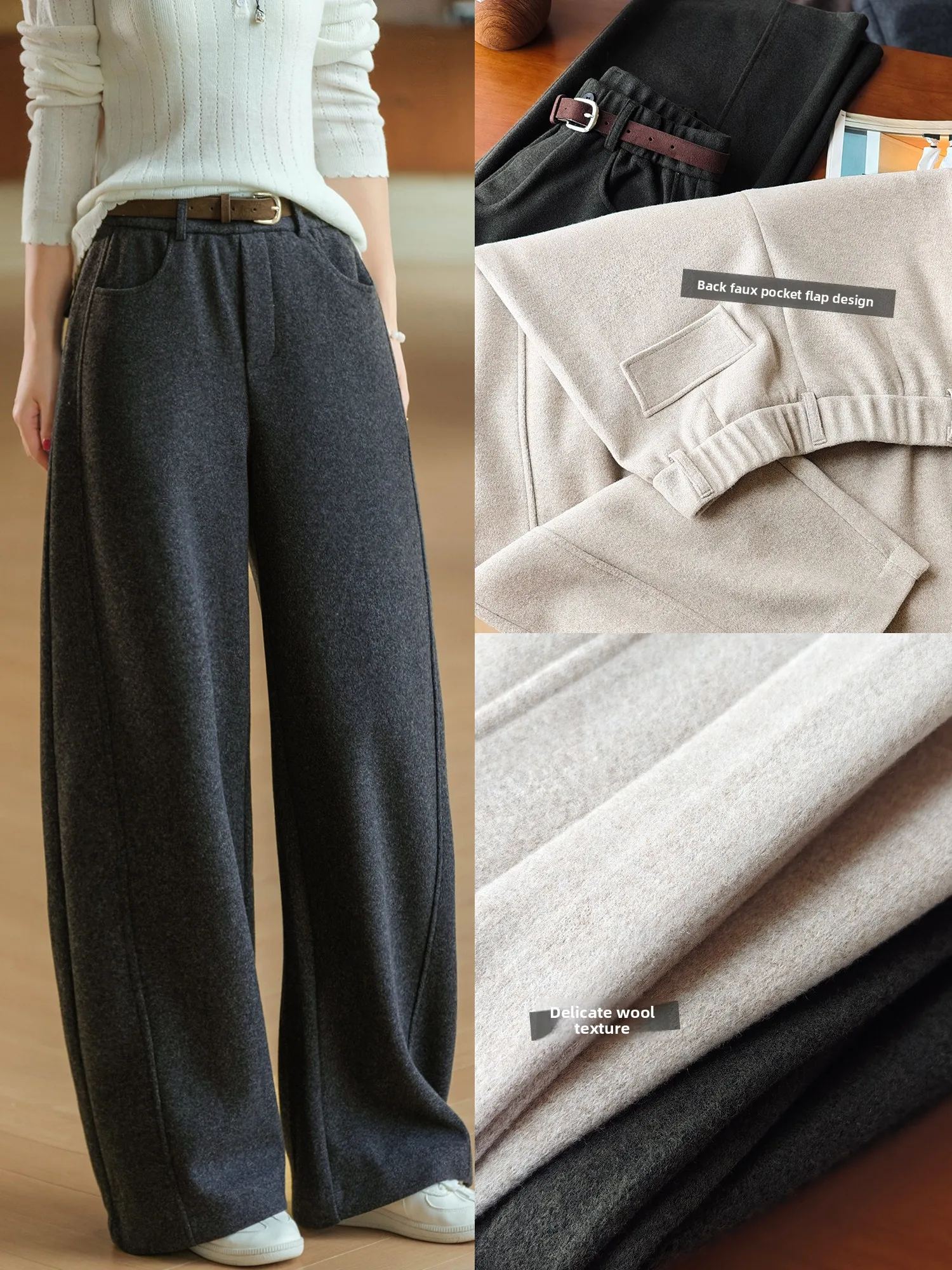 Acetate Wool Slim Fit Casual Pants Elastic Waistband Asymmetrical Hemline Ladies Comfortable Polyester Blend Trousers