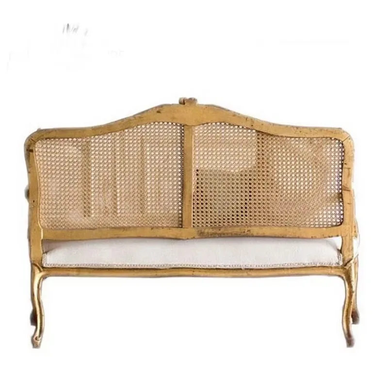 Custom-Made French Retro Fashion High-End 2-Person Weave Rattan Sofa Chair Solid Wood Carvings Living Room Furniture