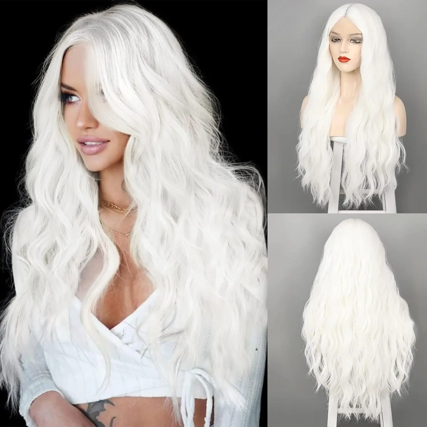 

White Body Wave Lace Front Wig For Women 26 Inch Preplucked Glueless 13x4 Long Wavy Wig Glueless Lace Wig Cosplay Party