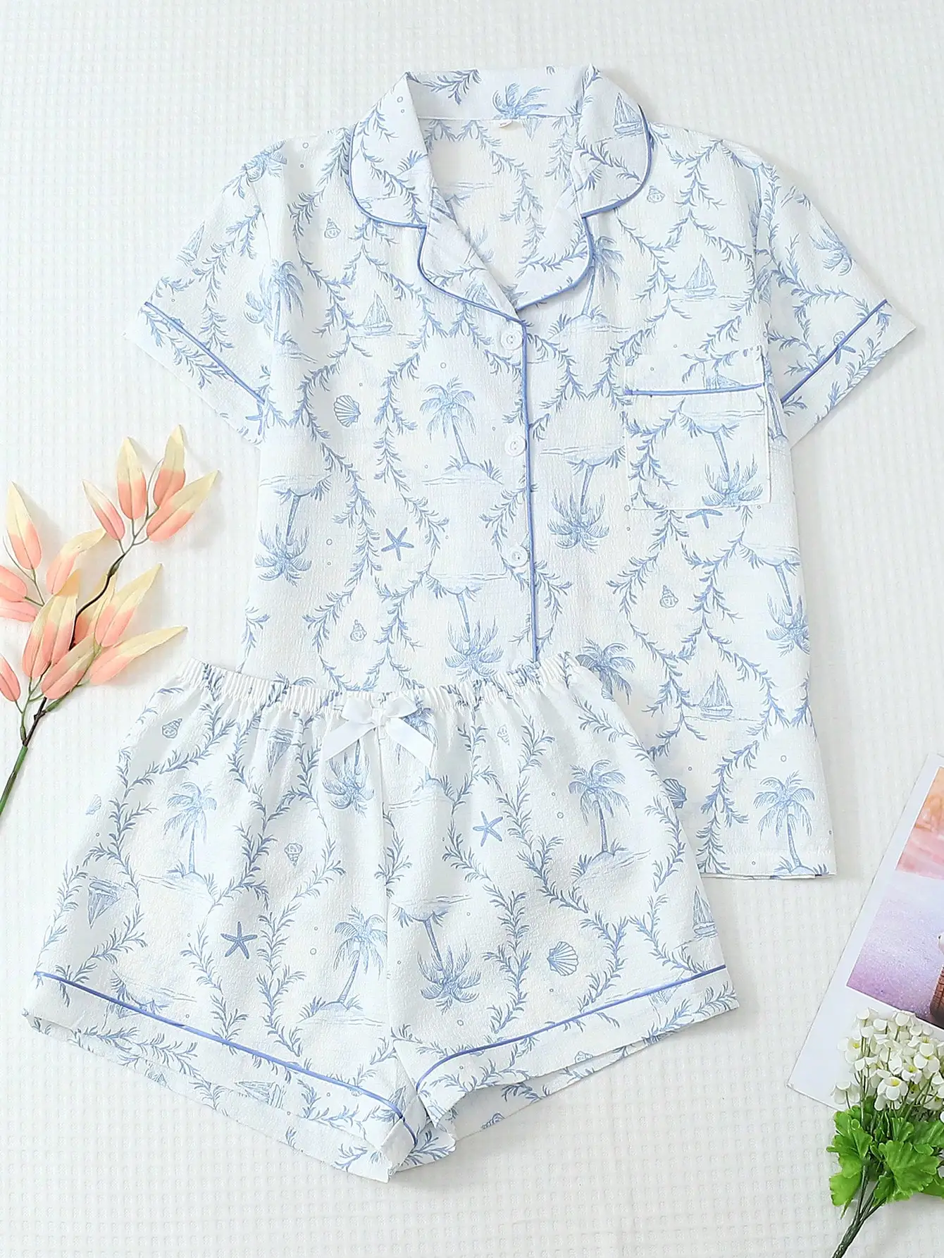 

Women's Short Sleeve Pajama Set with Blue Tropical Print, Lapel Collar, Button Front & Bow Shorts for Spring Summer Home Wear