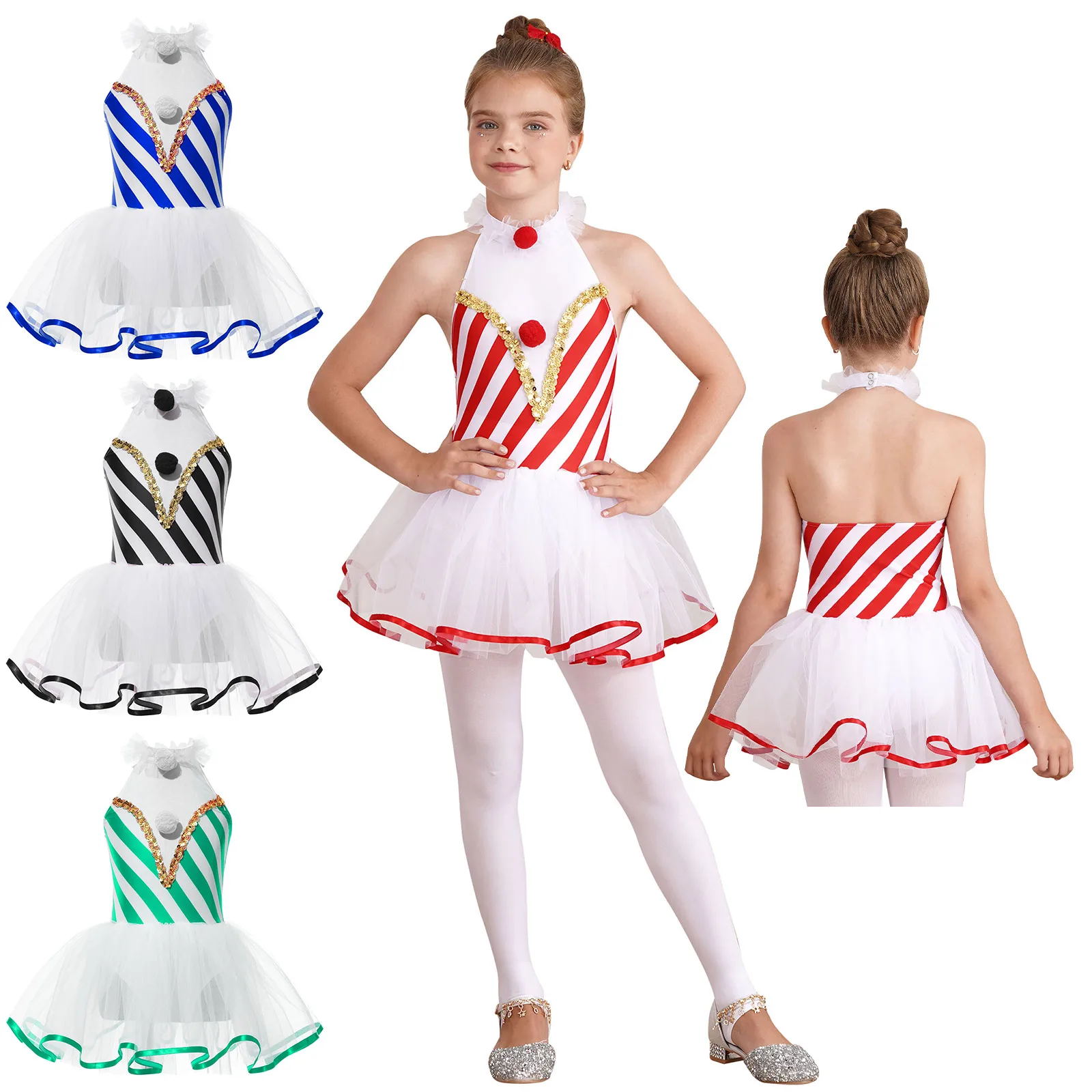 Candy Cane Christmas Dance Dress Girls Striped Sequins Mesh Tutu Ballet Leotards Figure Skating Dress Stage Performance Costume