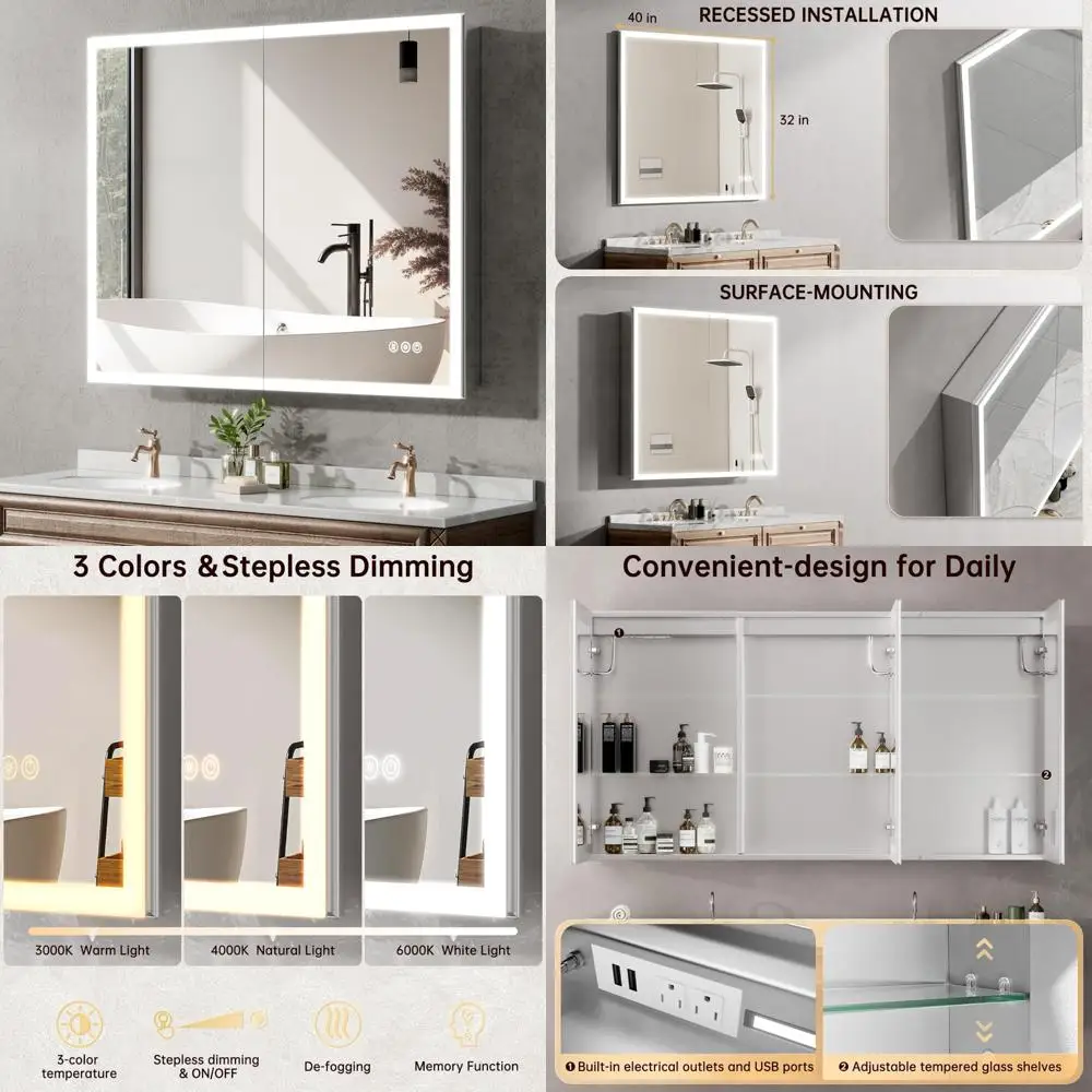 

40 Inch by 32 Inch LED Illuminated Medicine Cabinet with Electrical Outlet, USB Port, Anti-Fog Mirror, and Adjustable Temperatur