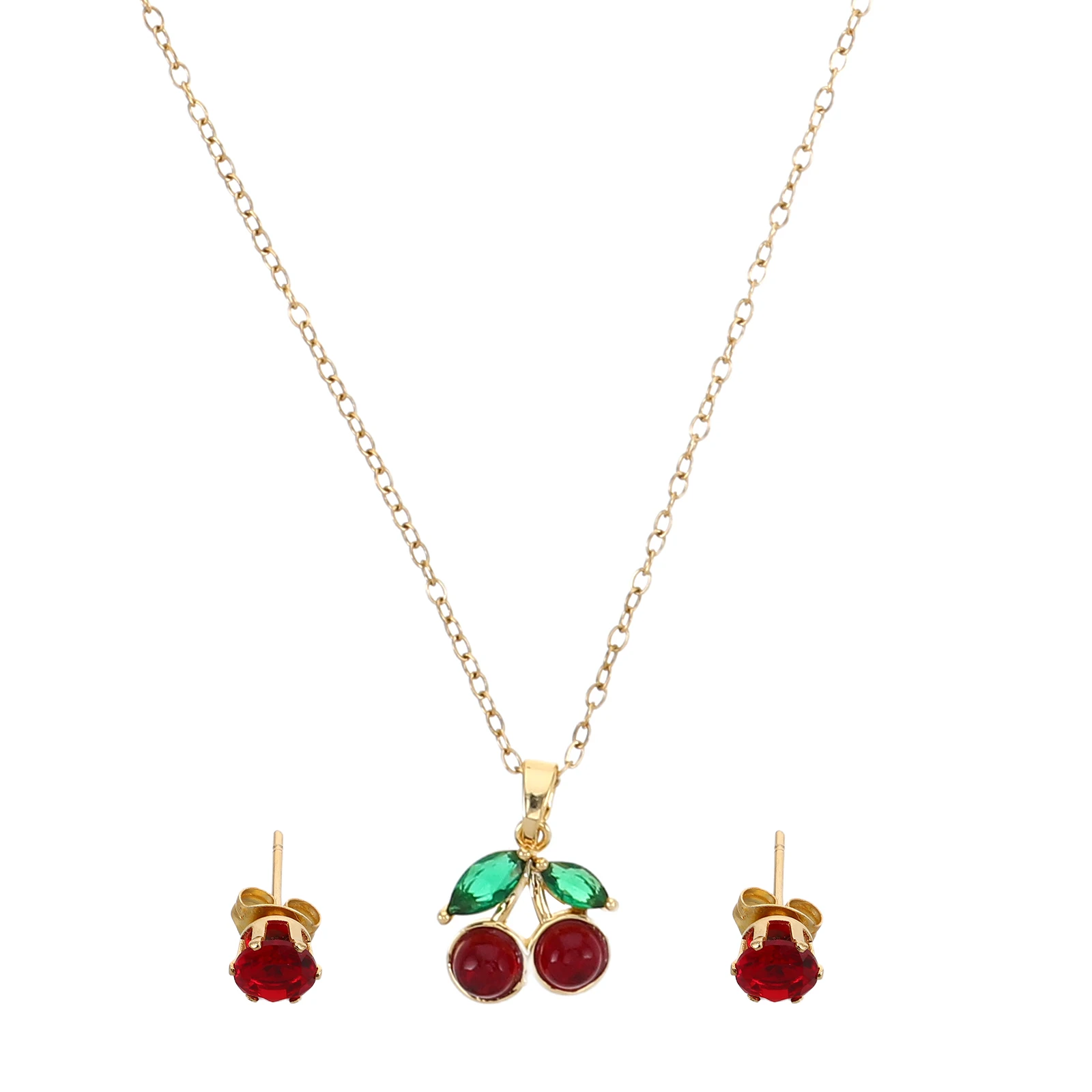 

1 set 1 Cherry Jewelry Set For Women Rhinestone Crystal Necklace Earrings Stainless Steel Clavicle Chain Fruit Themed Statement
