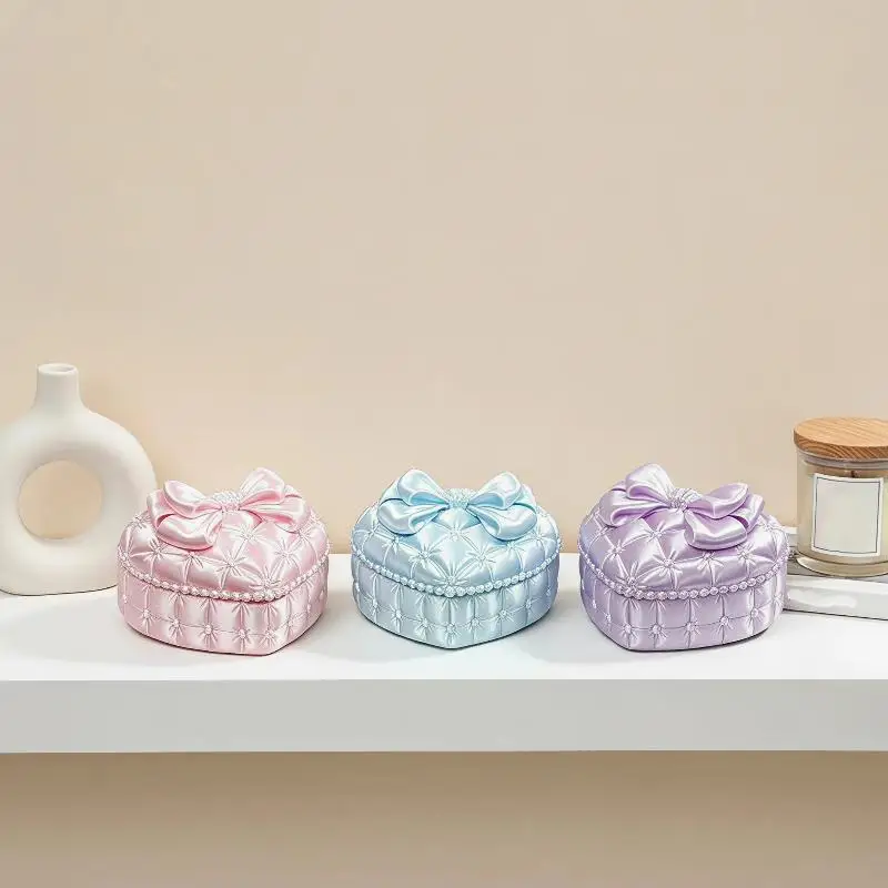 (.) 1Pcs Girly Aesthetic Ins Style Exquisite Trinket Storage Organizer Silk Heart-Shaped Jewelry Box With Bowknot Gift For Women