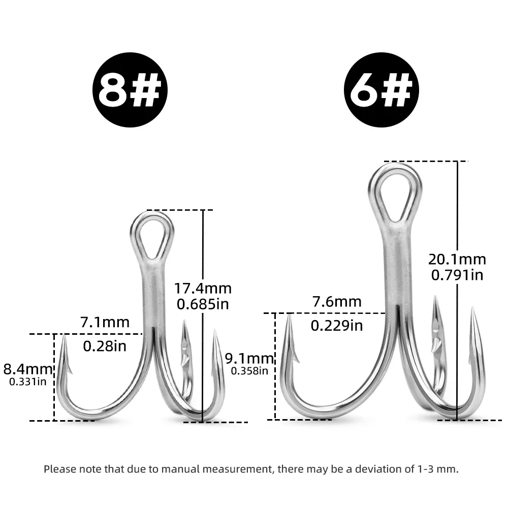 MEREDITH 3X High Strength Fishing Hook 10pcs Super Sharp Solid Size 6#/8# Treble Hooks Seawater Corrosion Resistance