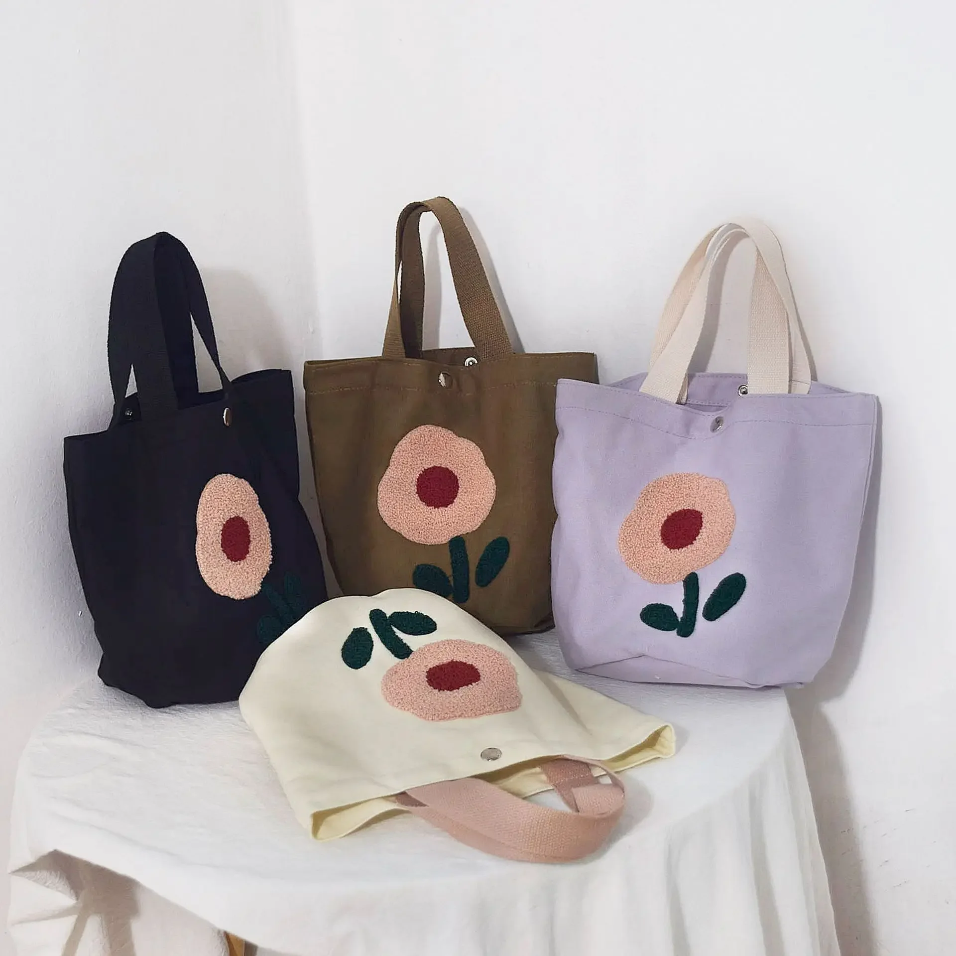 Cute Flower Women Canvas Bag Work Study Handbag Girls Lunch Box Umbrella Cup Embroidery Small Top-Handle Bags